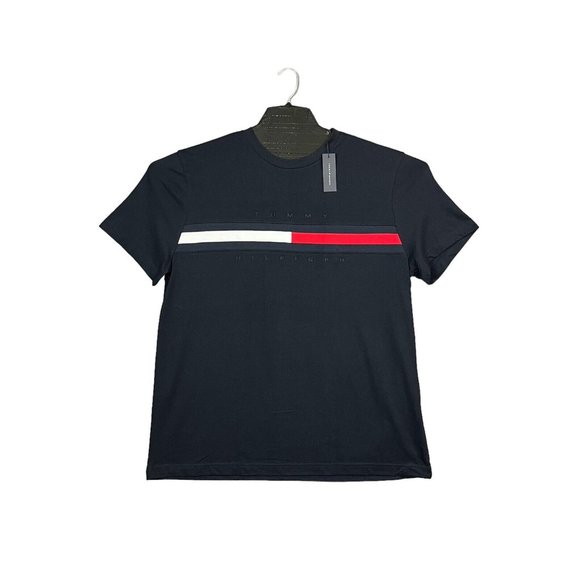 Tommy Hilfiger Mens Cotton T-Shirt Size L Tall Blue Short Sleeve Signatur Stripe - Picture 2 of 7